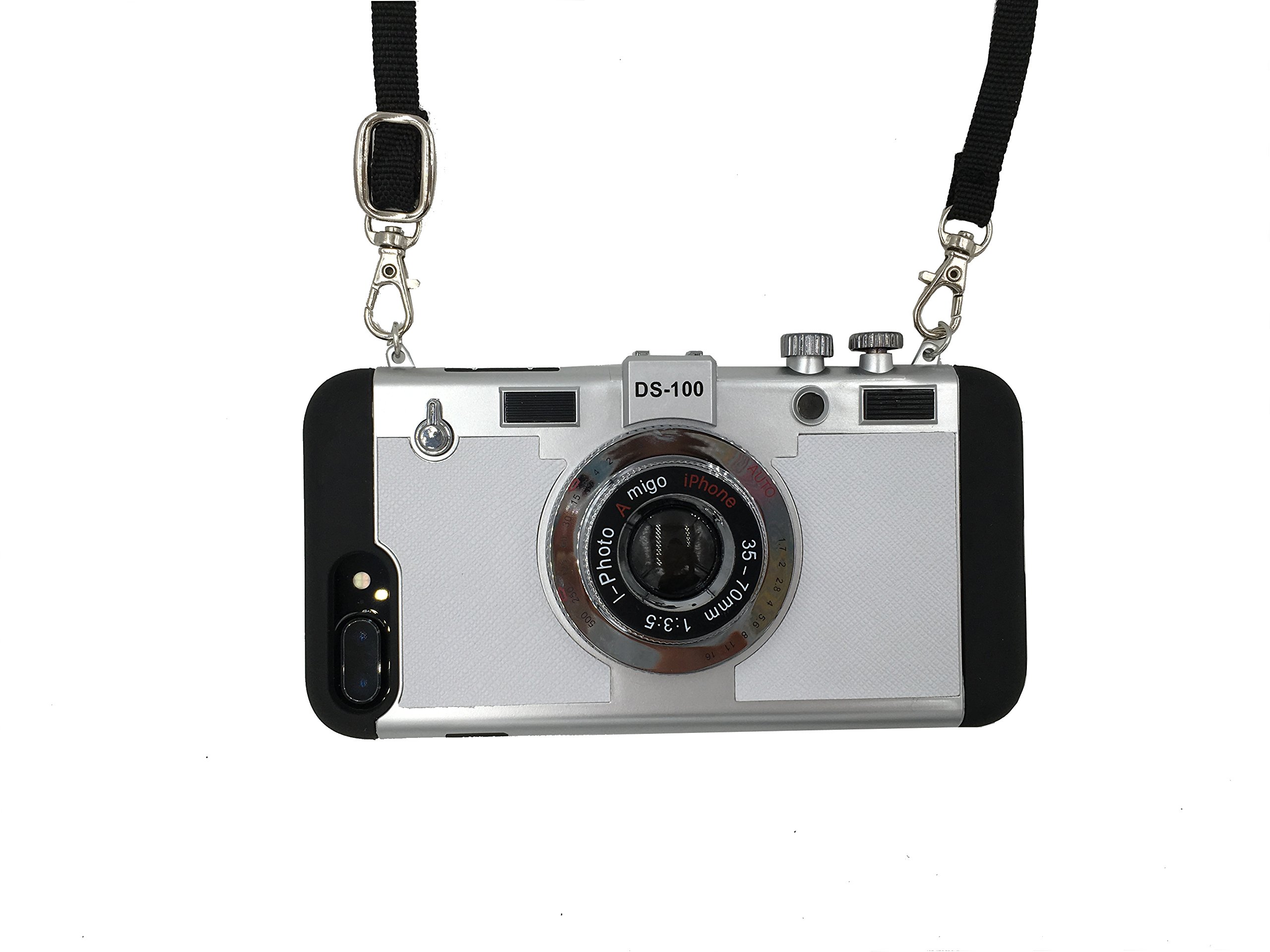 UCLL 3D Camera Case for iPhone 8 Plus and iphone 7 plus, Modern 3D Vintage Style Camera Design Silicone Cover For 5.5 iphone 7plus iphone 8 plus with Long Strap Rope and a Screen protector (white)