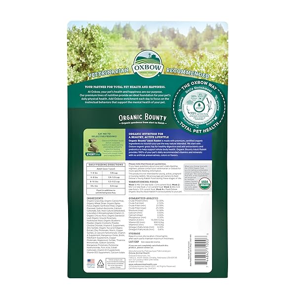 OXBOW ANIMAL HEALTH ORGANIC BOUNTY ADULT RABBIT FOOD – ALL NATURAL RABBIT PELLETS – 3 LB.
