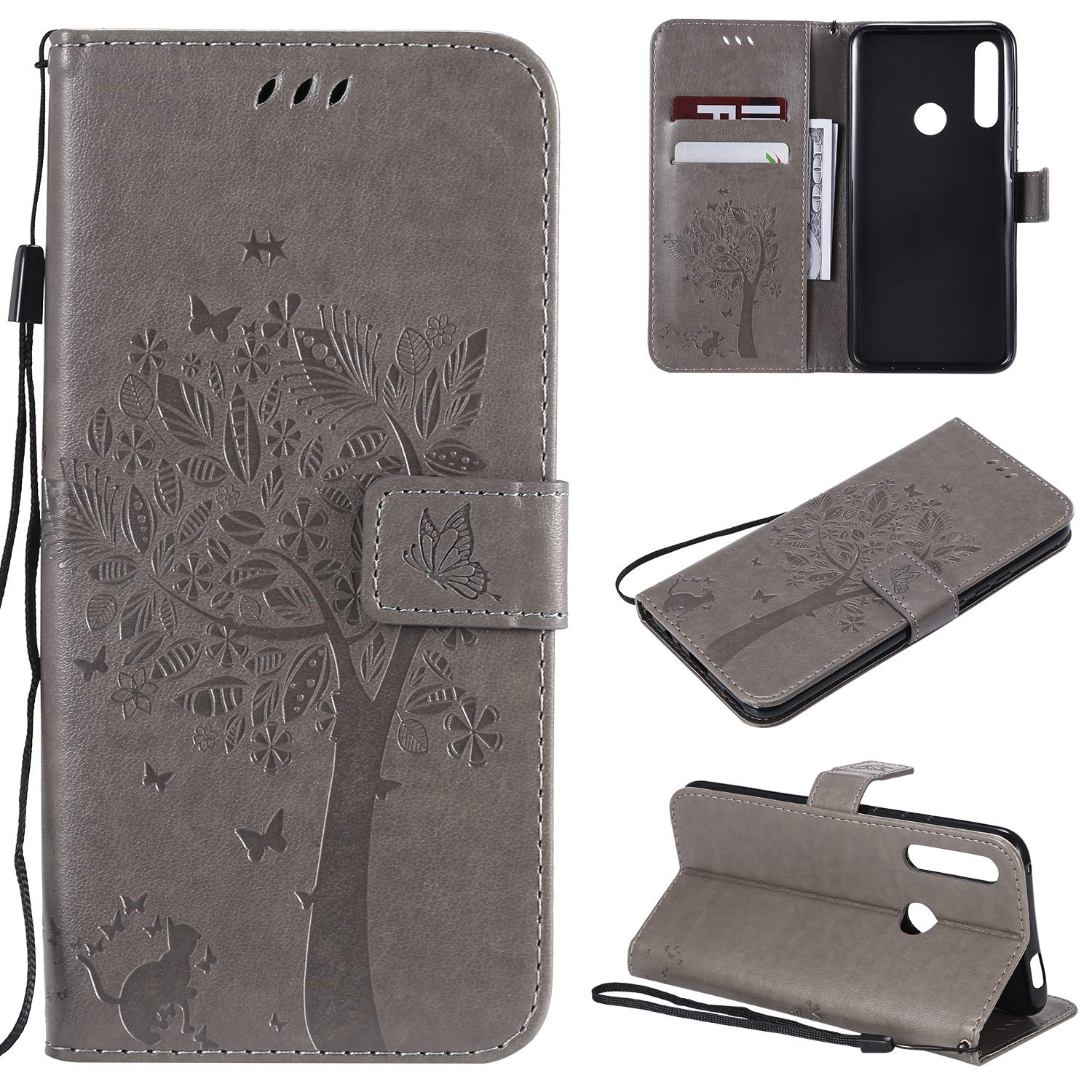 Zchen Huawei P Smart Z Case, PU Leather Wallet Phone Case Flip Book Design Anti-Scratch Shockproof Protective Cover for Huawei P Smart Z/Y9 Prime 2019 (Cat Tree-Gray)