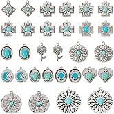 pandahall 30Pcs Tibetan Style Turquoise Charms Bohemian Alloy Cross Round Earring Charms Retro Antique Silver Western Jewelry Pendant for DIY Boho Necklace Jewelry Making