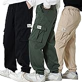 LIUNLU 3 Pack Boys Cargo Joggers Pants Elastic Waist Casual Jogging Trousers Bottom for Kids 7-13 Years
