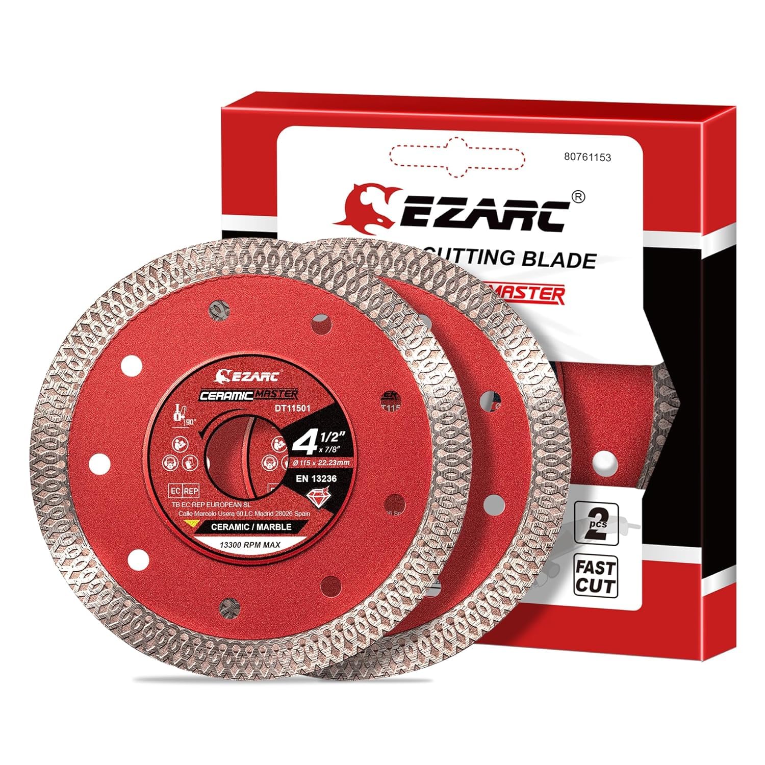 EZARC 115mm Diamond Cutting Discs, Super Thin Fast Diamond Saw Accessory for Angle Grinder, 115mm Cutting Wheel for Porcelain, Granite, Marble, Tiles and Ceramics (2-Pack)