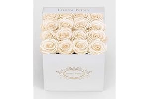 ETERNAL PETALS Real Roses That Last A Year And Longer – Handmade in London - 16 roses in a White Square Flower Box (Champagne Satin)