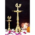 SATVIK 11.5 Inch 2 Pc Pure Brass Peacock Kerala Samai Puja Diya Traditional Brass Kutthu Vilakku Oil Lamp Pooja 1 Step Diya Engraved Design Adjustable Deepak Pooja Indian Housewarming Return Gift