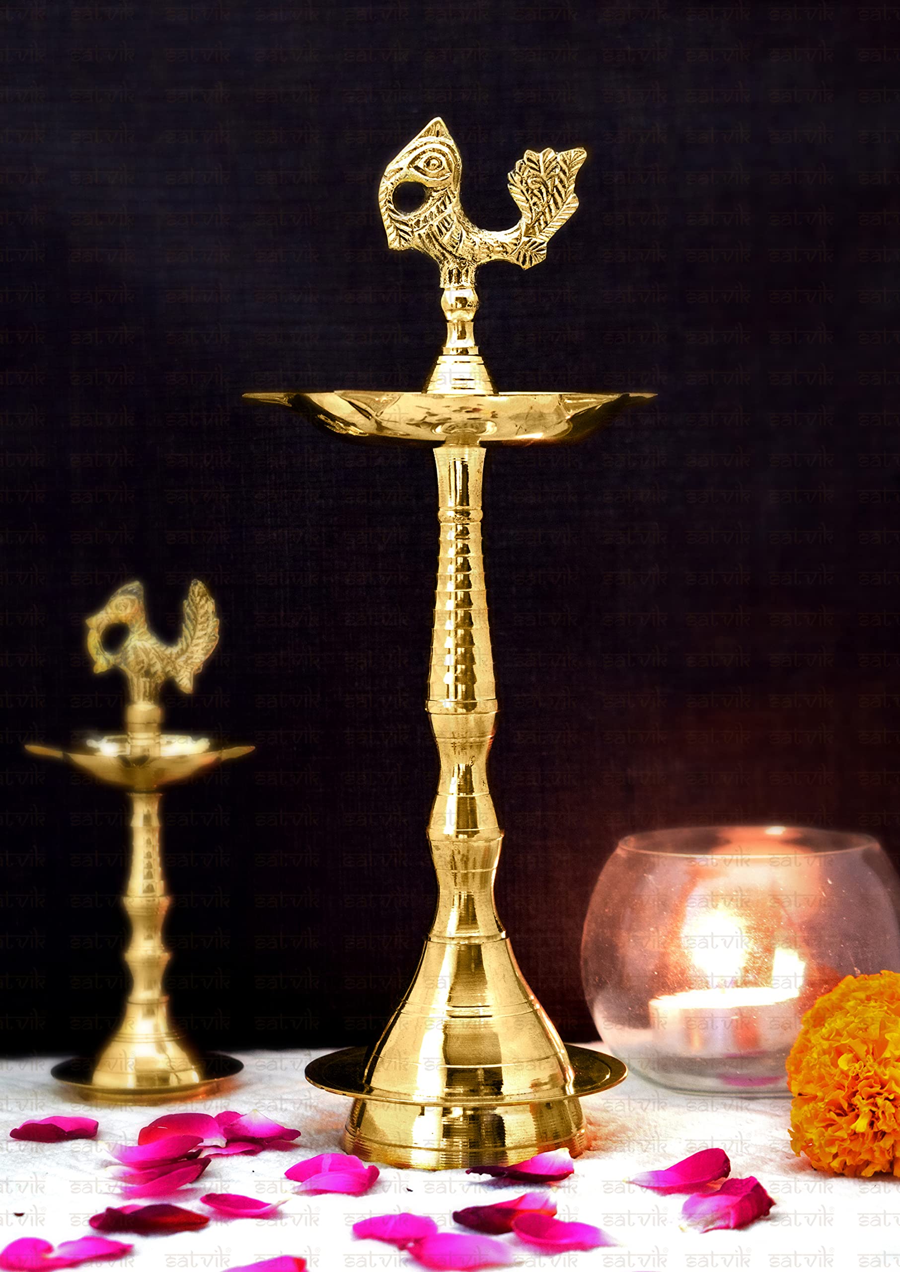 Photo 1 of SATVIK 11.5 Inch Pure Virgin Brass Peacock Kerala Samai Puja Diya Traditional Brass Kutthu Vilakku Oil Lamp Pooja 1 Step Diya Engraved Design Adjustable Deepak Pooja Indian Housewarming Return Gift