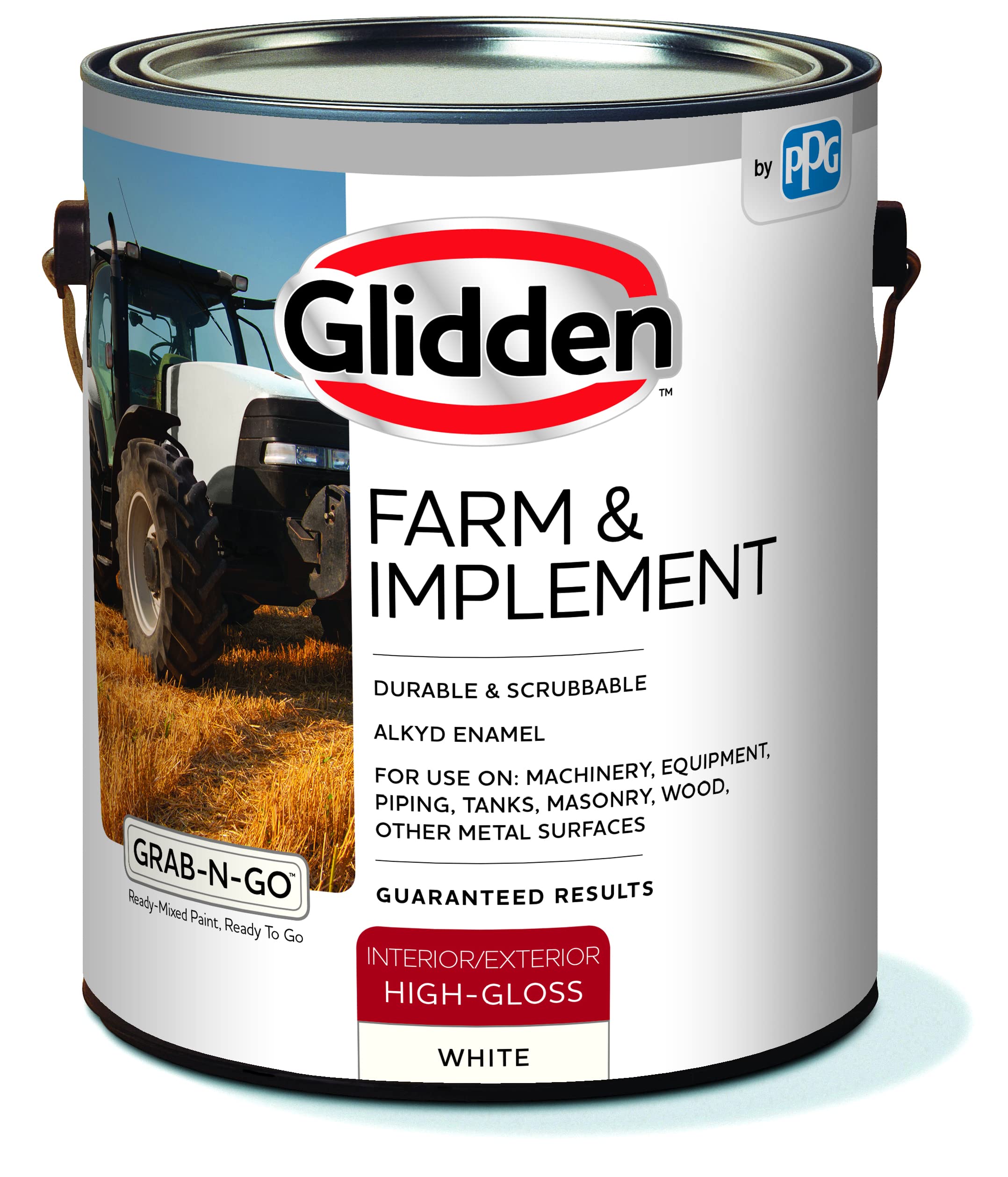 Glidden Farm & Implement Alkyd Enamel Interior/Exterior Paint for use on Machinery, Equipment, Masonry, and Other Metal Surfaces, 1 Gallon, High Gloss, White