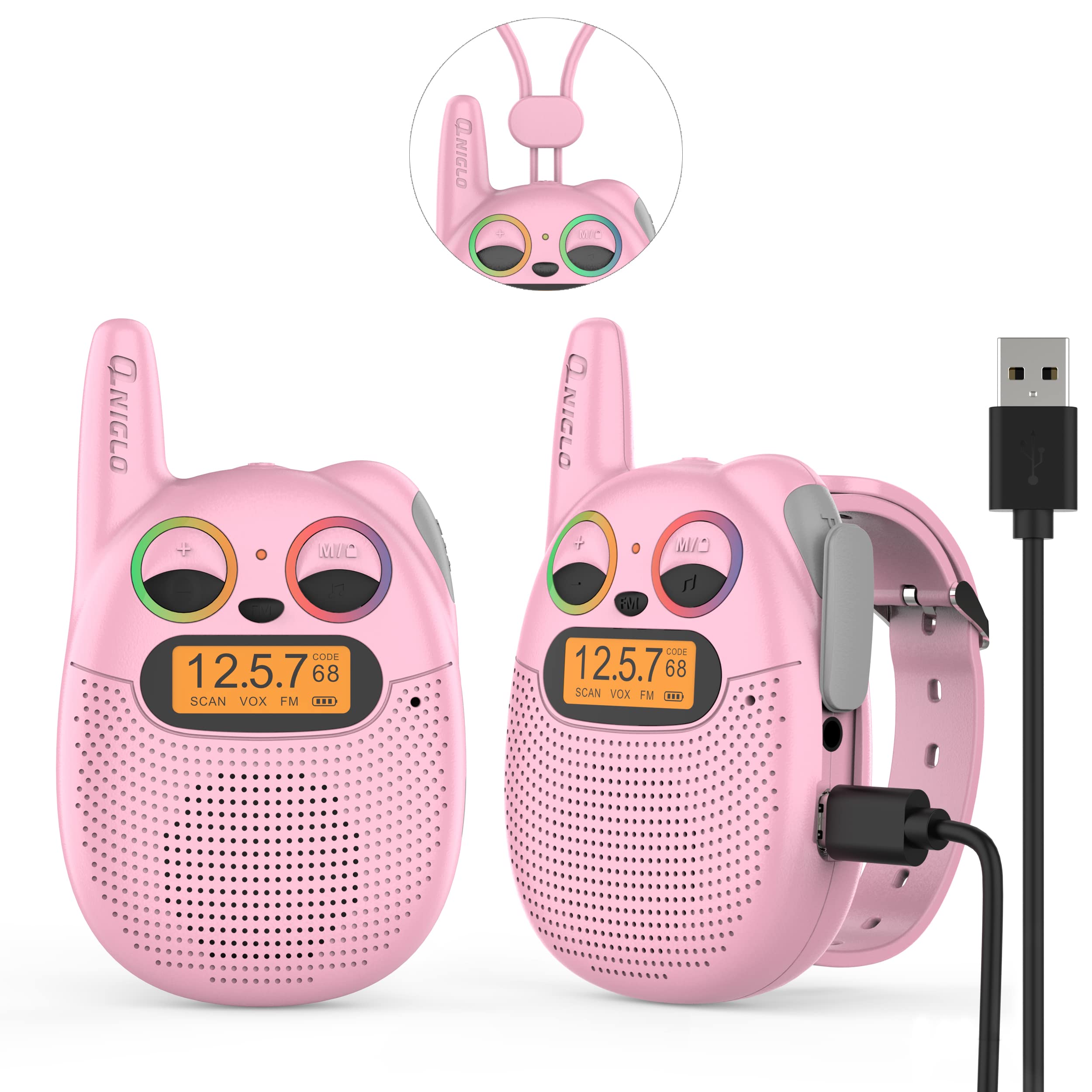 Rechargeable Kids Walkie-Talkies with FM Radio, 2 Miles Range, Twinkling LED Eyes, Wearable Watch Walkies Talkies Toys for Kids Bicycling, Hiking, Camping, Running (Q136_Pink)