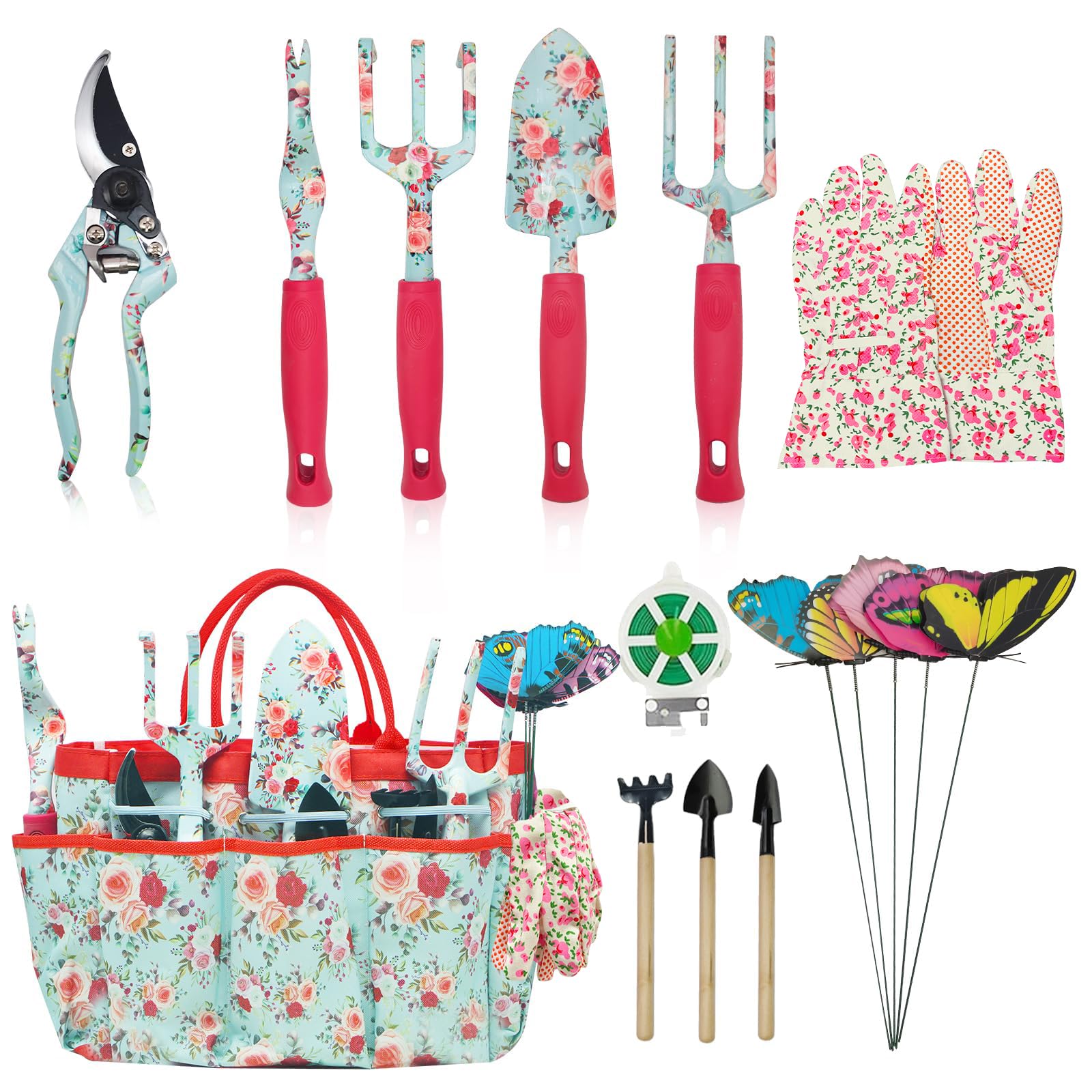 MQFORU Garden Tools Set, 16 Pieces Gardening Gifts for Women & Men, Heavy Duty Floral Gardening Tools Set with Storage Bag, Ergonomic Garden Gifts Kit for Mum, Girlfriend (Red)