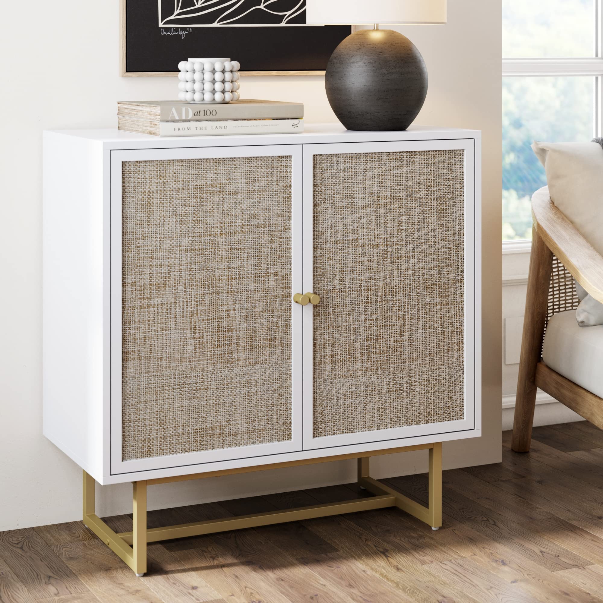 Nathan James Kova Rattan Wood Accent Natural Sideboard Storage Cabinet with Matte Metal Frame, Adjustable Interior Shelves and Cane Doors, for Hallway, Entryway or Living Room, White/Cane/Brass Image