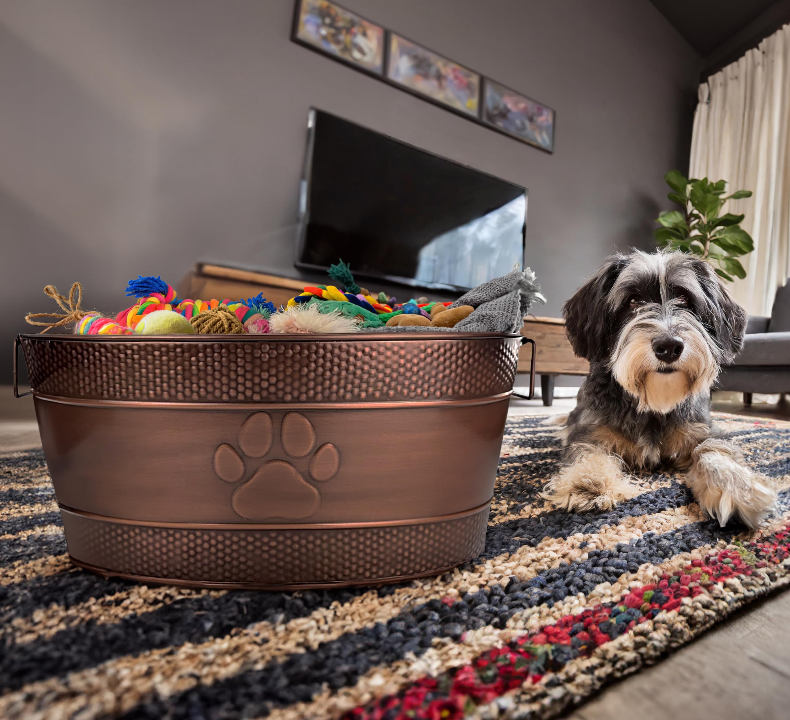 BREKX Indestructible Metal Dog Toy Bin - Copper Galvanized Storage Bin with Handles, Puppy Basket for Dog Storage, Blankets, & Leashes, Paw Pet Toy Box (25-Quart)