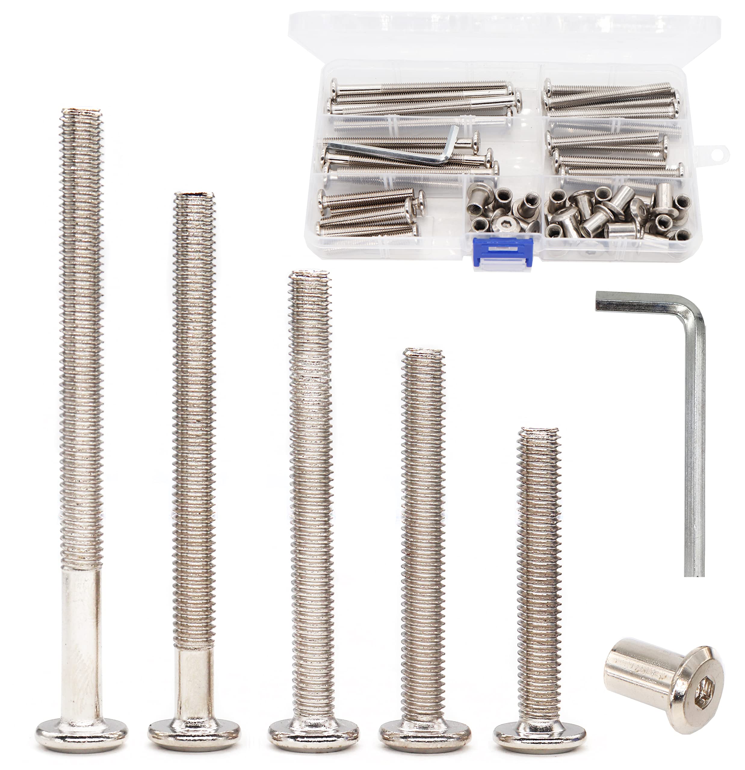 binifiMux 50pcs Hex Drive Socket Cap Bolts Dowel Nuts Assortment Kit, Furniture Joint Connector Bolts, Rivet Bolts Dowel Nuts, Countersunk Screw Post Fit M6x40mm 50mm 60mm 70mm 80mm Nickel Plated