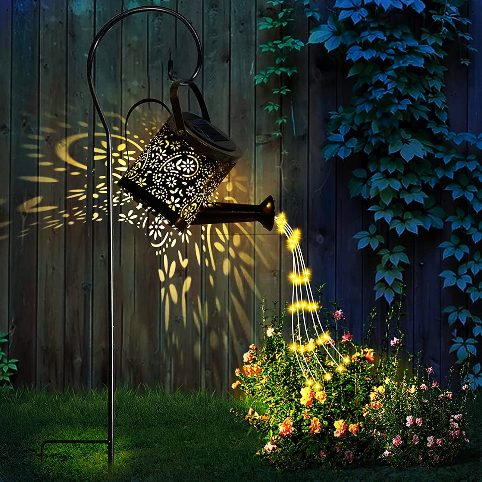 Watering Can Lights, Solar LED Lantern Outdoor Fairy Light Hanging Waterproof,Decorative Retro Metal Solar Shower Lights for Garden Table Patio Yard Pathway Walkway(with Bracket)