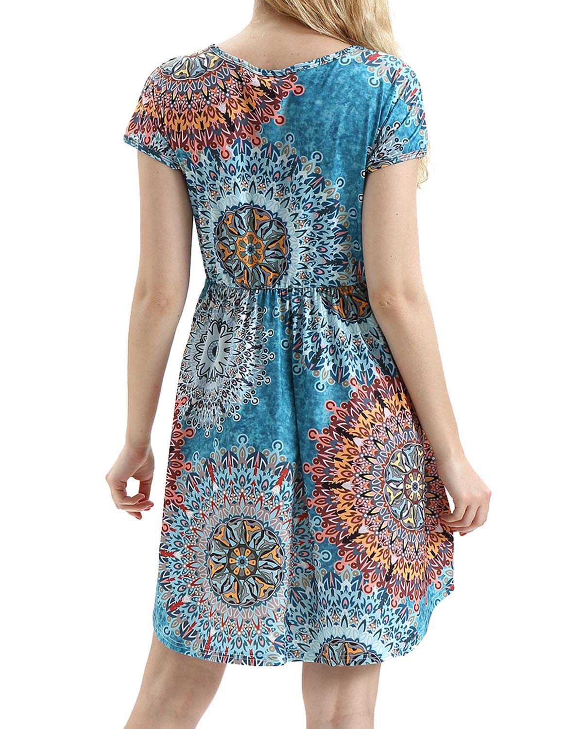 HUALAIMEI Modest Dresses for Women, Ladies Round Neck Short Sleeve Petite Midi Dress Slim Fit Floral Printed Long Tunic with Pockets Mix Blue Flower M