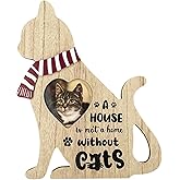 Lily's Home Cat-Shaped Wooden Photo Frame - 7.5'' x 11.8'' with Heart-Shaped 3.5'' x 3.5'' Slot - Sturdy Easel Stand & Ribbon - Ideal Picture Frame for Cat Lovers - Perfect Pet Memorial Gift