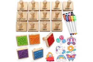 Coogam Wooden Stamp for Girls Friendship, 20pcs Color Shape Unicorn Butterfly Mermaid Stamp Set with Markers, DIY Arts Crafts