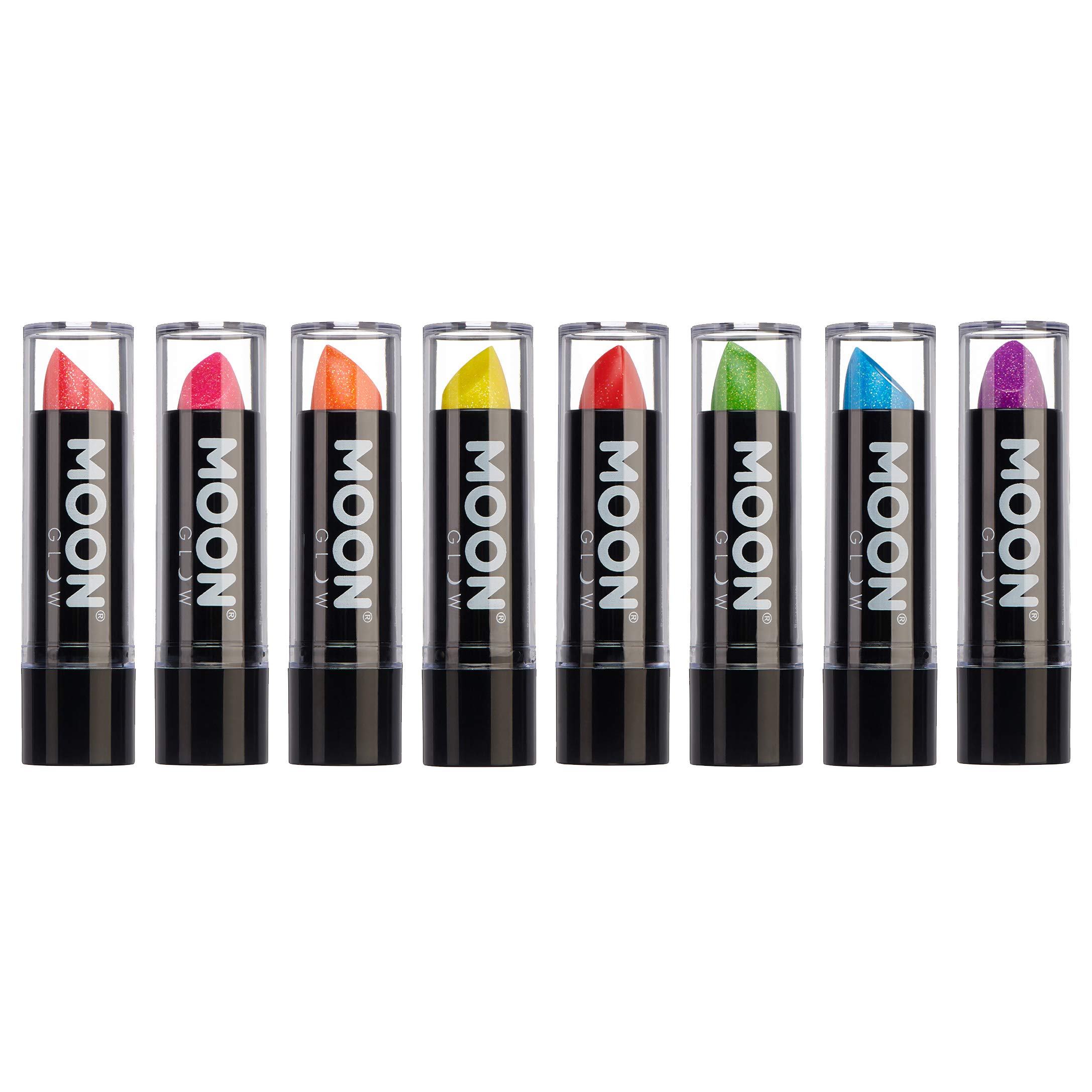 Neon UV Glitter Lipstick by Moon Glow - Bright Neon Coloured Lipstick - Glows under UV (Set of 8)