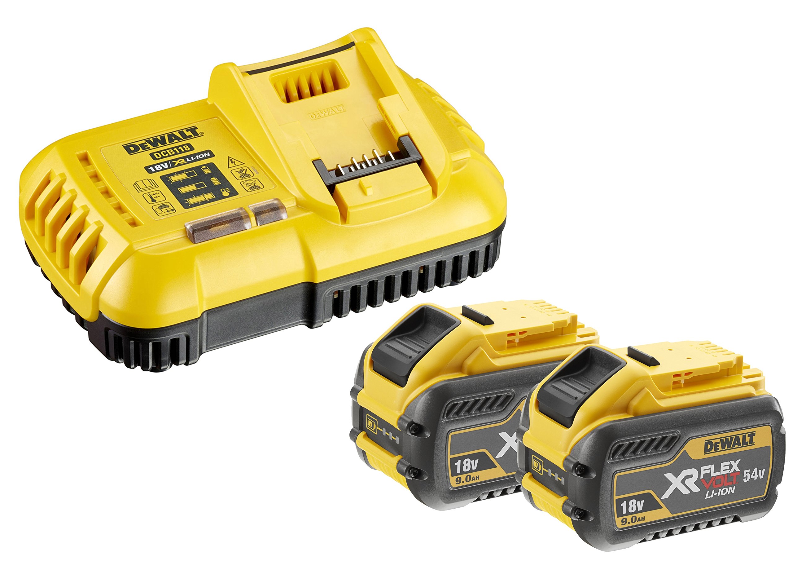 Dewalt XR Flexvolt DCB118X2-QW Battery Starter Set (Consisting of 2 x XR Flexvolt Batteries 54 V, System Quick Charger, as Starter Set for The 54 V Series from Dewalt, Also Suitable as a Supplement),