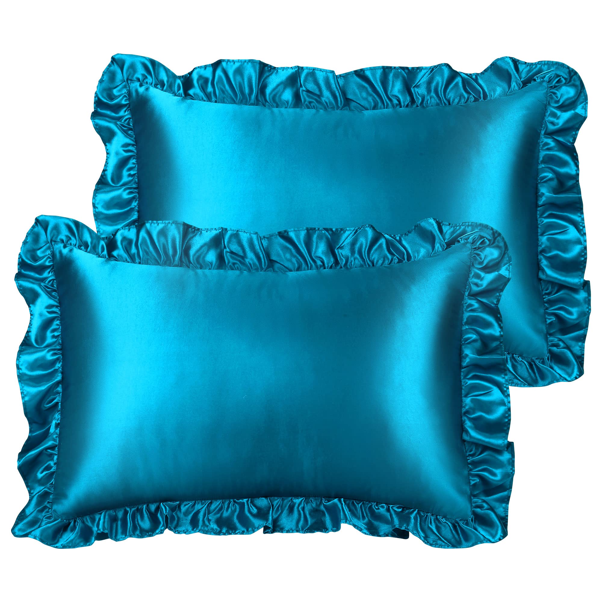 PiccoCasa Satin Pillowcases for Hair and Skin, Retro Silky Pillow Cover with Luxury Ruffle and Envelope Closure Satin Pillow Cases 2 Pack Peacock Blue 50 x 90cm