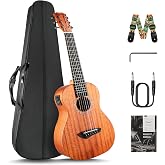 Caramel 30 inch All Solid Mahogany 6 String Electric Guitalele | Wooden LCD color display Small Hawaiian Beginner Guitar Starter Pack Bundle Gig bag, Strap,Strings Set
