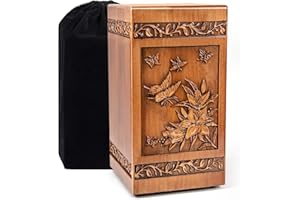 Wooden Cremation Urn for Human Ashes Adult Male Female 250 lbs, Engraved Butterfly Decorative Funeral Urns Box and Casket for