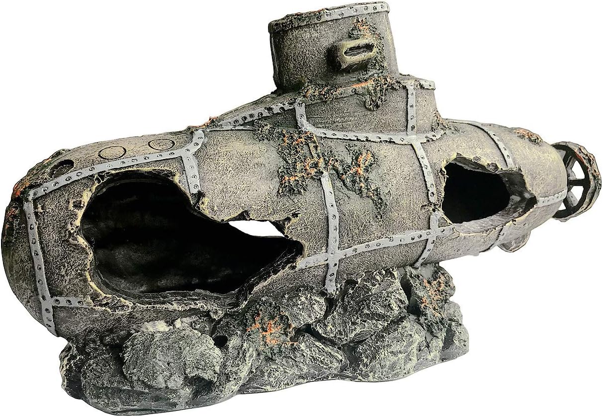 XiR Fish Tank Decorations Large Shipwreck Submarine Aquarium Decor Ornament Sunken Ship Betta Fish Hiding Cave 11"x3.35"x6.1"