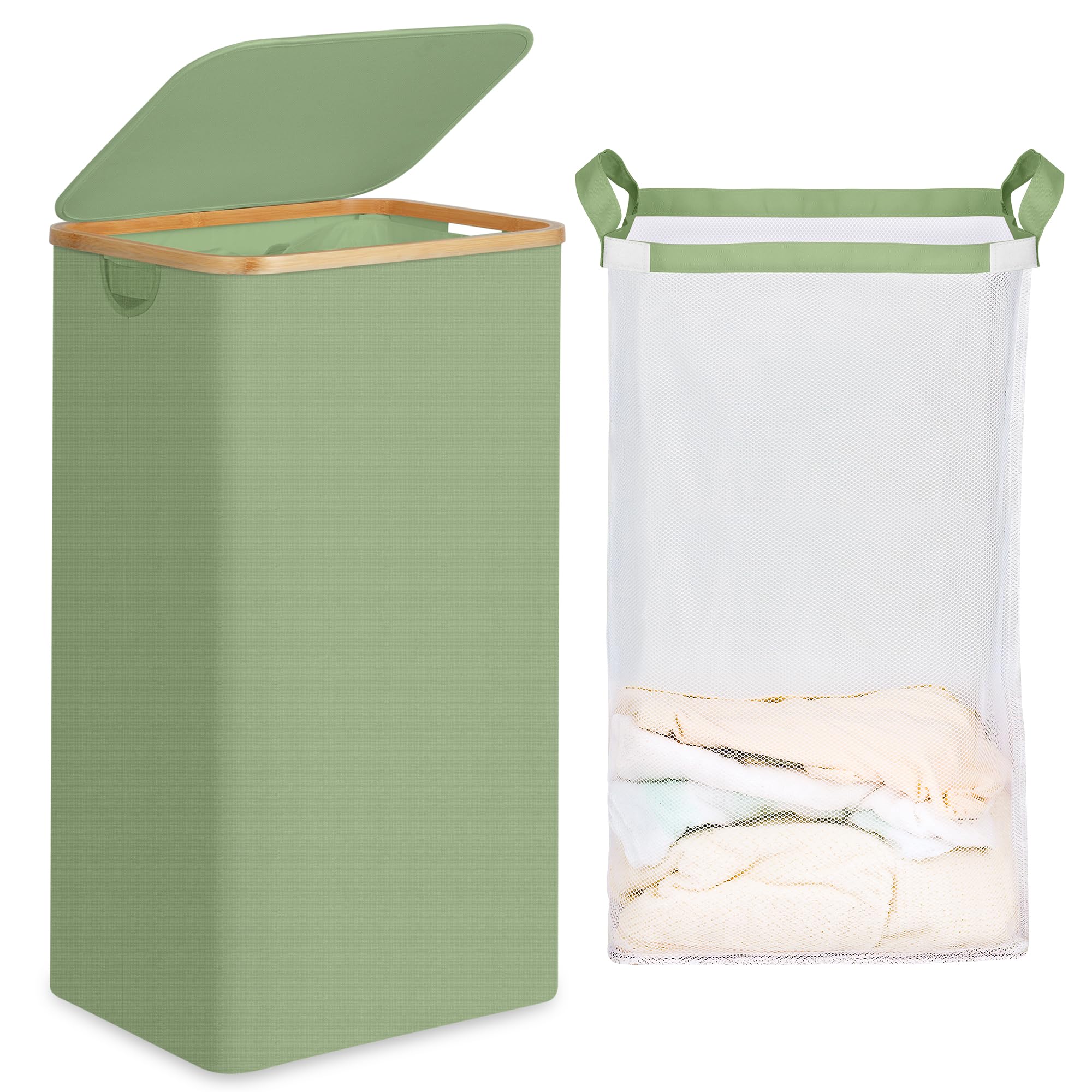 efluky 26 Gal Laundry Basket with Lid and Net Bag, Tall Laundry Hamper with Bamboo Handles, Aesthetic Dirty Clothes Bin for Laundry Room, Bathroom, Bedroom and Dorm, Green