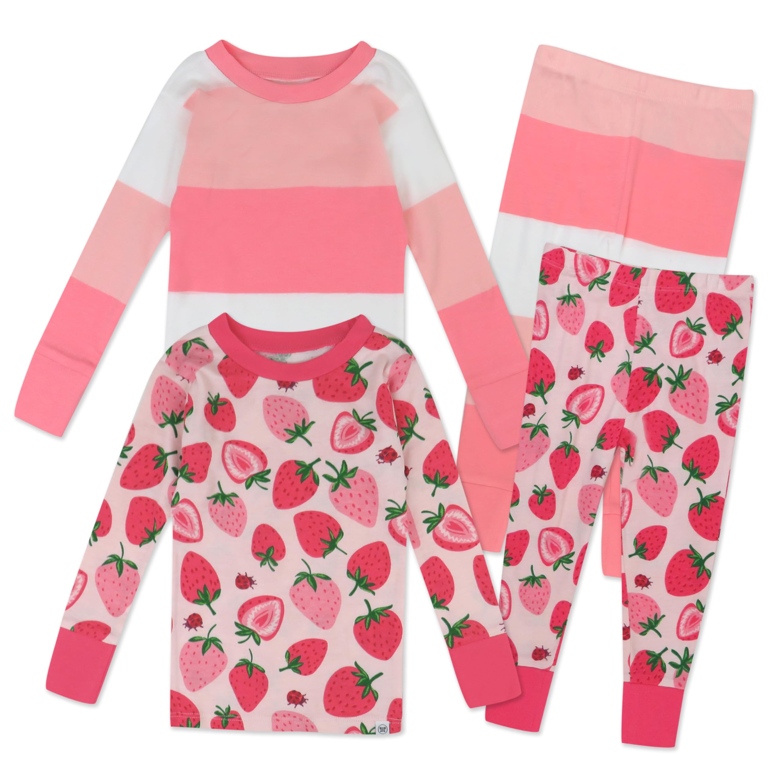 HonestBaby 4 Piece Pajamas Sleepwear Pjs 100% Organic Cotton for Infant Baby and Toddler Boys, Girls, Unisex, Strawberry Slice, 3T