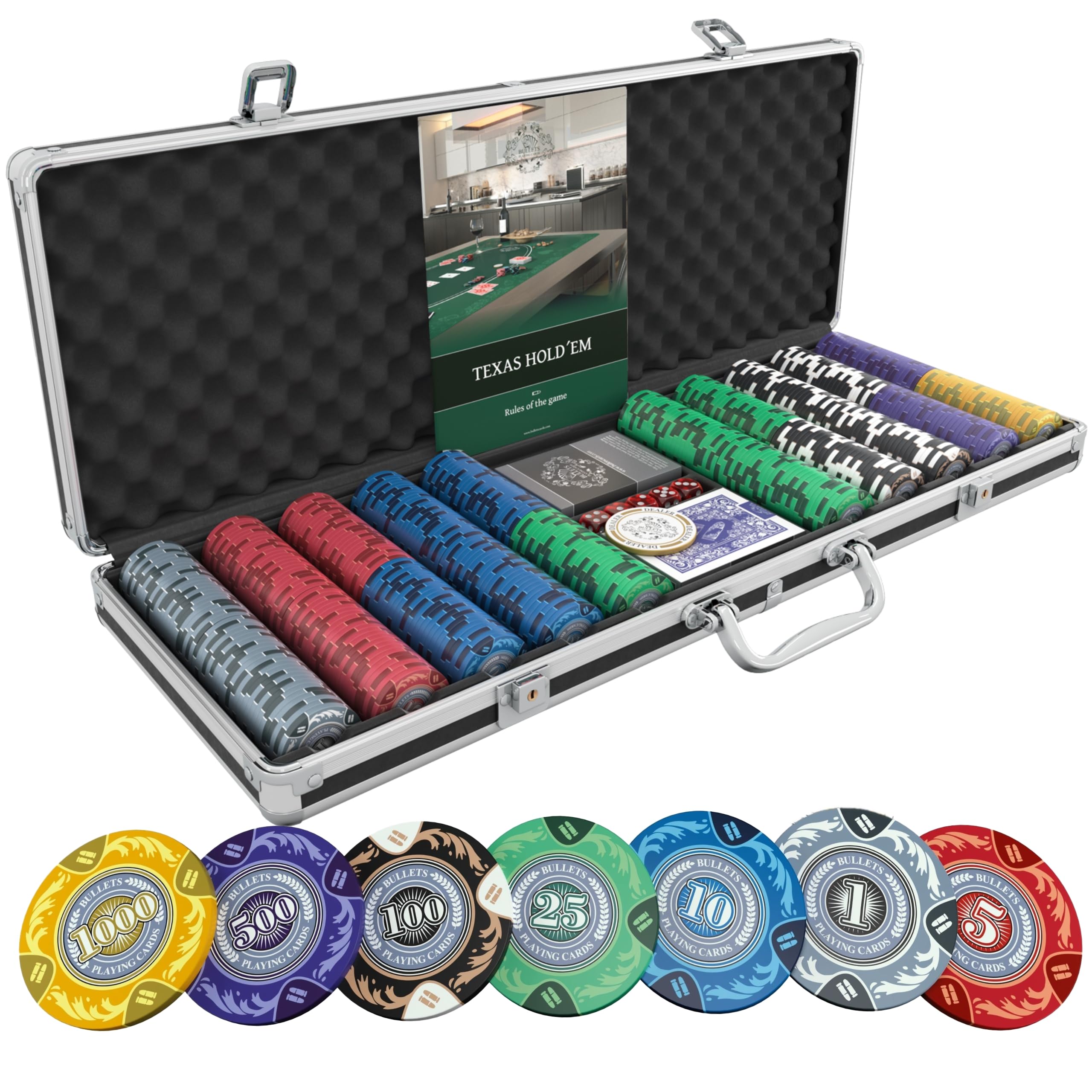 Bullets Playing Cards, Poker Set with 500 ‘Tony’ Clay Chips, Complete Professional Set for Texas Holdem Poker, Blackjack and other Casino Games, Five Dice, Playing Cards and Travel Case