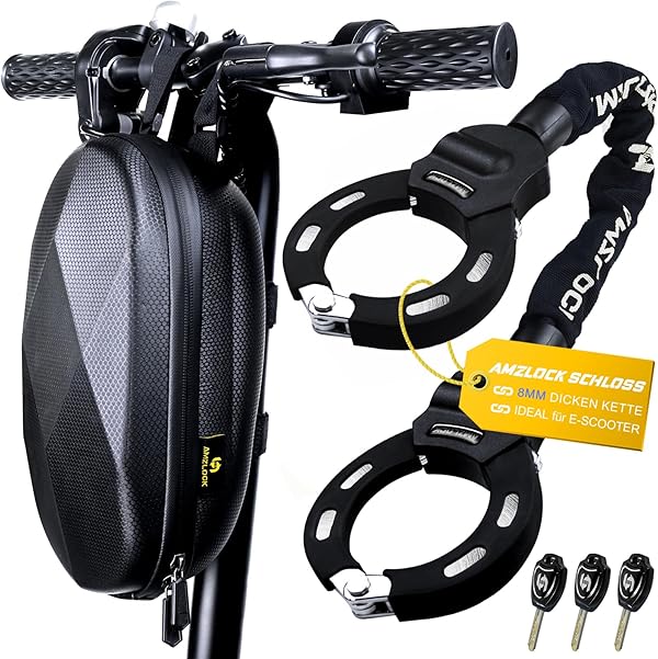 AMZLOCK E Scooter Schloss mit Tasche | 8mm Dicke Kettenschloss | Handschellenschloss für E Scooter | mit 3 Schlüsseln | 1.6kg/75cm Hochsicherheitsschloss