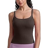CRZ YOGA Seamless Womens U Neck Longline Sports Bra - Thin Strap Padded Workout Crop Tank Ribbed Open Back Yoga Camisole Top