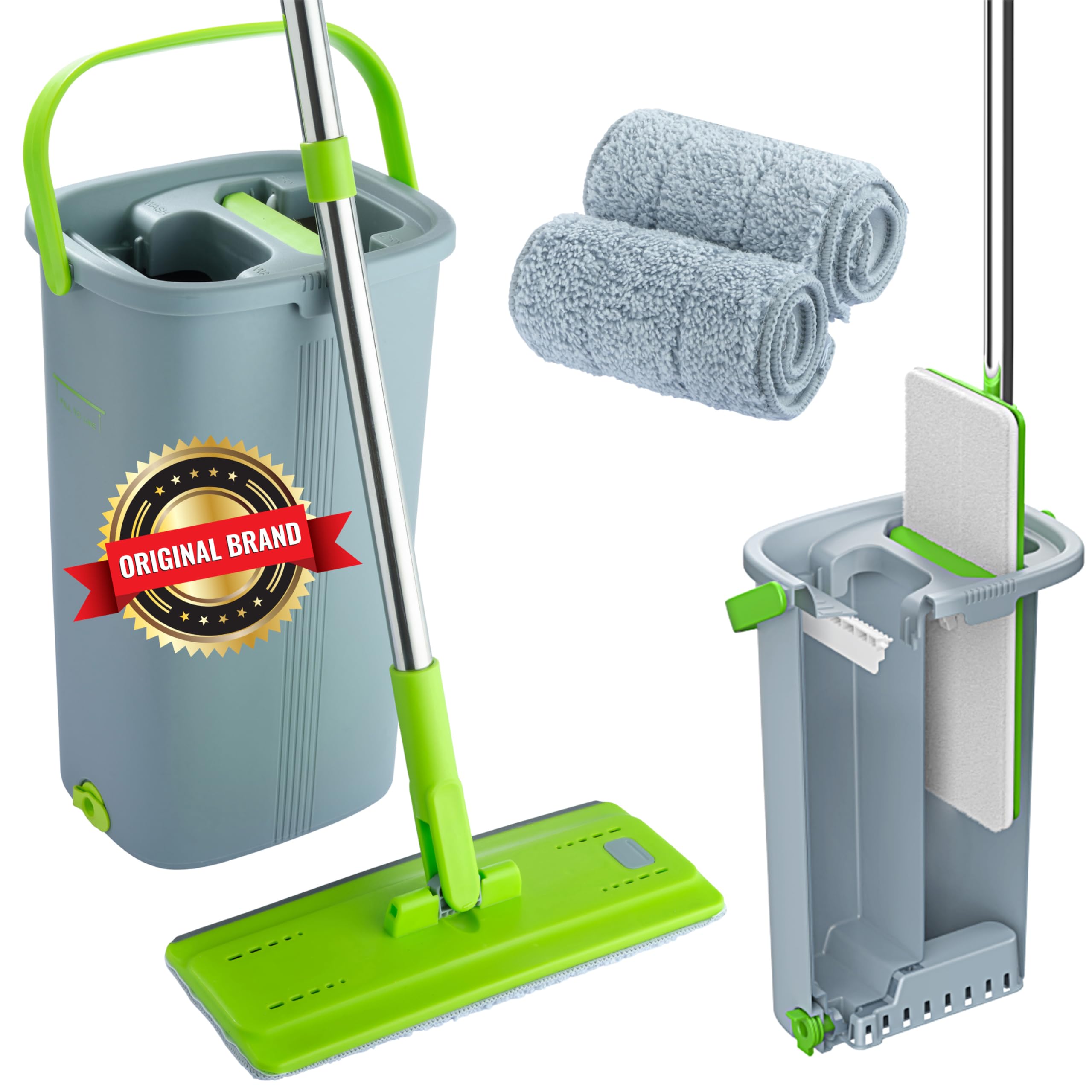 Mop and Bucket Set - Easy Gleam Floor Flat Mop with 2-Chamber Bucket - Microfibre Pads and Stainless Steel Handle - Compact and Lightweight for Efficient Cleaning - Green
