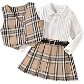 HINTINA Toddler Little Girl Sleeveless Button Vest Ribbed Long Sleeve Collar Top And Pleated Skirt With Belt