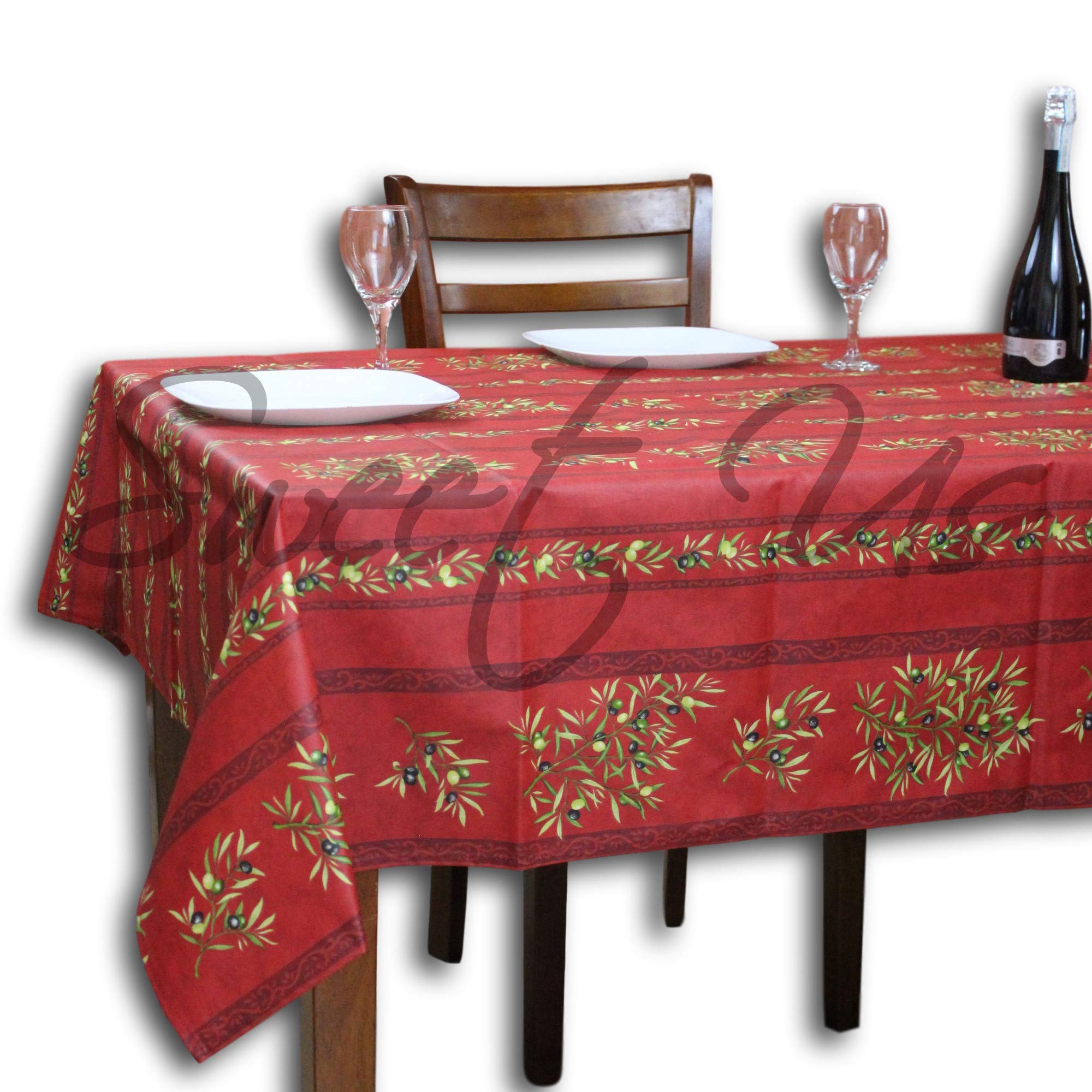 La Cigale Wipeable Tablecloth Spillproof Acrylic Coated Floral Cotton French Provencal Tablecloth for Rectangle Tables 60 x 98 inches Red Olive Stripes