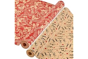 AhfuLife 2 Rolls Christmas Wrapping Paper - 17 Inch × 49.2 Feet Per Roll, Recyclable Kraft Xmas Wrapping Paper Roll for Kids 