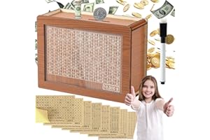 WORTADE Wooden Money Saving Box, 10000 Savings Challenge Box, Cash Savings Box with Counting Target, Cash Vault Wooden Savings Box with 1 Black Pen and 8 Savings Goal Stickers, Piggy Bank for Boys and Girls