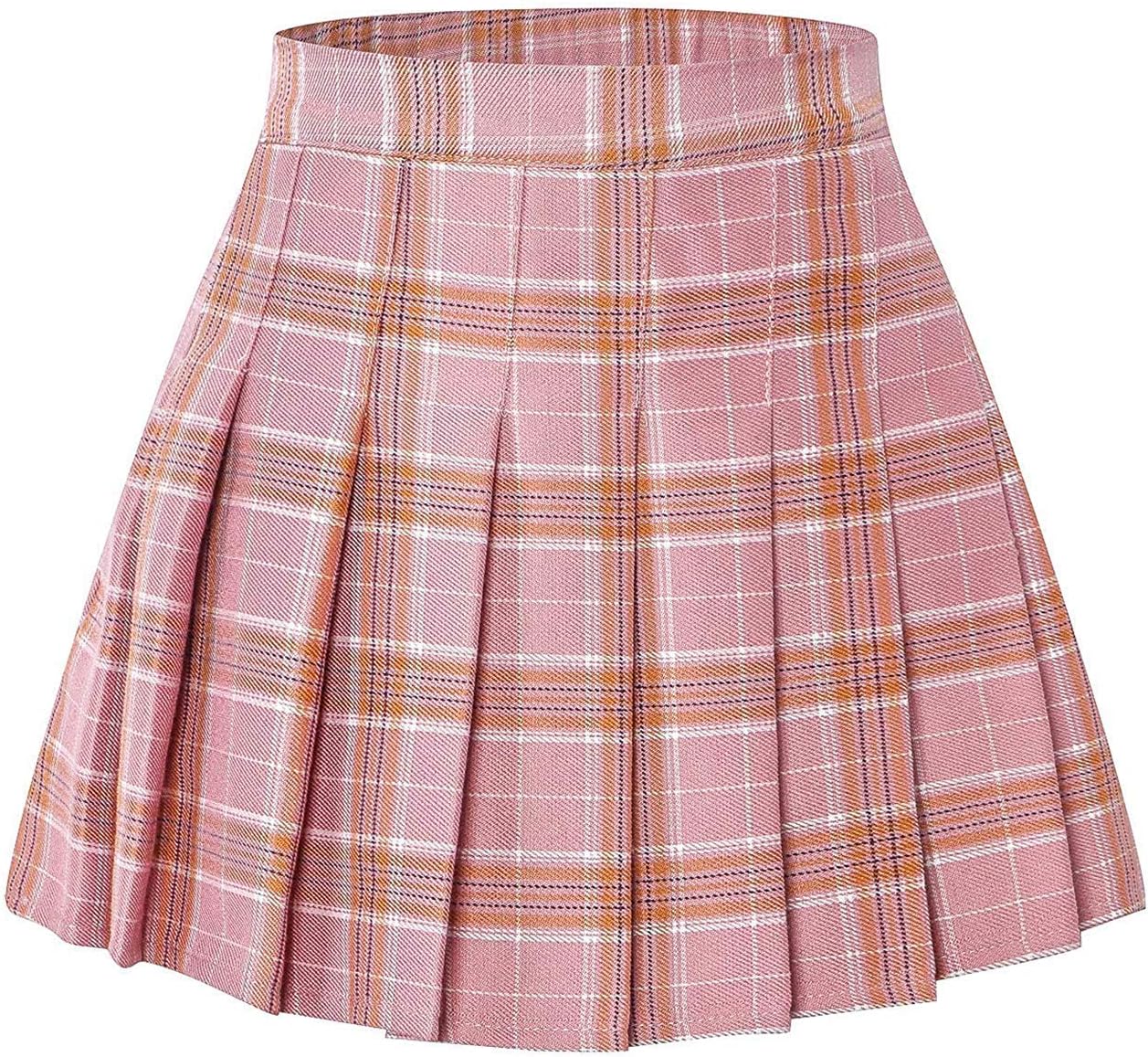 Junior Teen Girls Womens School Uniform Cosplay Costume Plaid Pleated Short Skirt, Pink Plaid Tag XL = US L