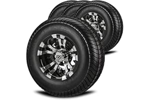 RM Cart 10" Warlock Black/Machined on 205/65-10 LSI Elite Low Rise 4-Ply Tires (Set of 4) | Golf Cart Tires and Wheels Combo with Metric Lug Nuts