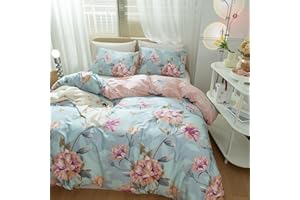 EAVD Blue Flower Duvet Cover Twin Soft 100% Cotton Garden Flower Bedding Set with 2 Pillowcases Chic Elegant Flower Comforter Set for Girls with Zipper Closure
