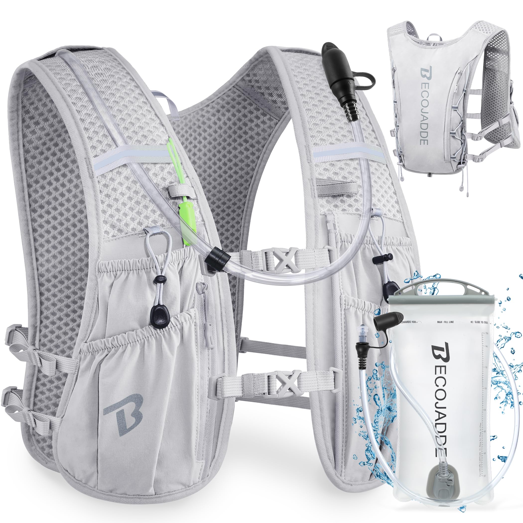 Photo 1 of BECOJADDE Running Vest Hydration Backpack with One 1.5L Water Bag for Men Women, 5L Lightweight Running Backpack Hydration for Marathon, Trail, Cycling, Hiking, Jogging Gray