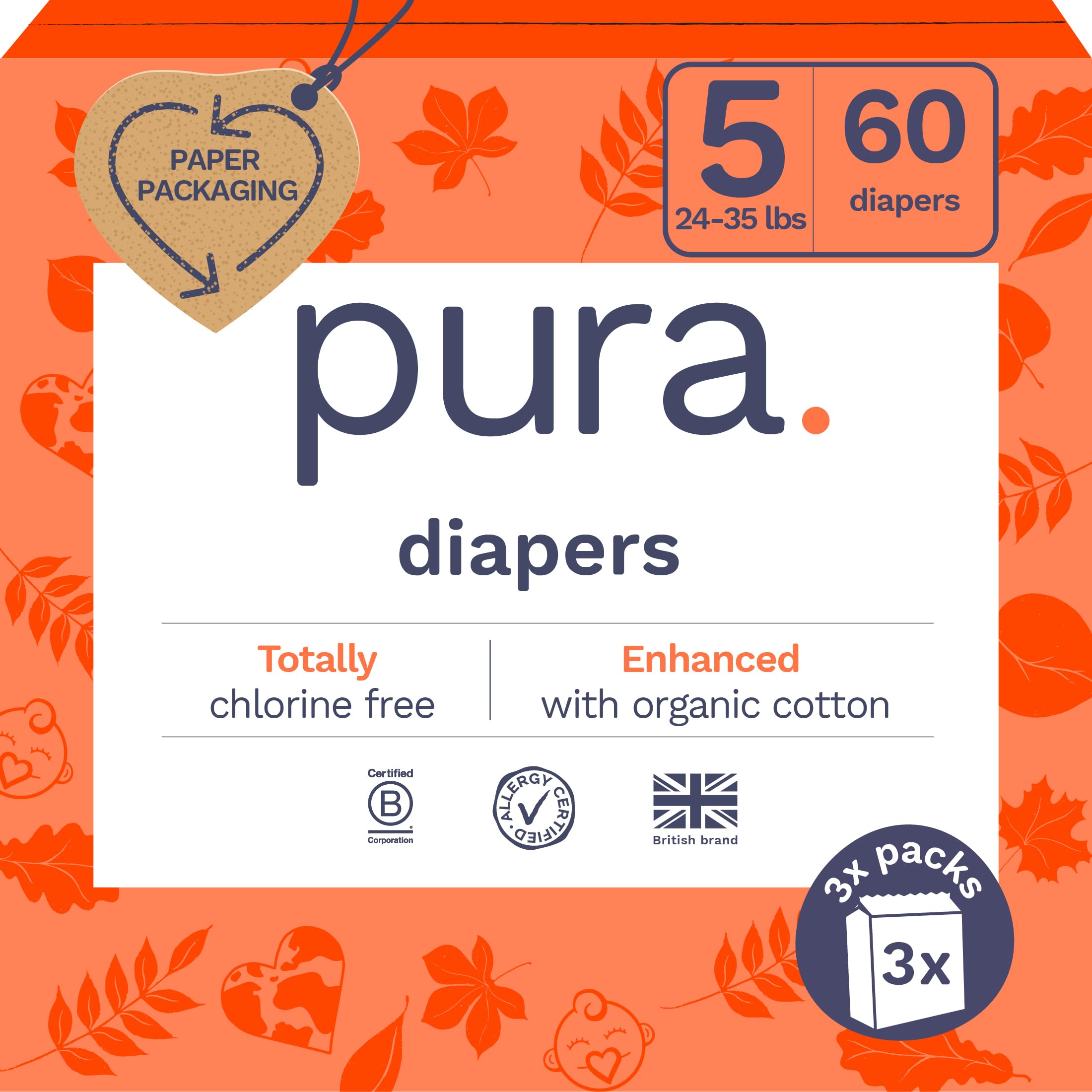 Photo 1 of Pura Size 5 Eco-Friendly Diapers (24-35 lbs) Totally Chlorine Free (TCF) Hypoallergenic, Soft Organic Cotton, up to 12 Hours Leak Protection, Allergy UK, 3 Packs of 20 (60 Diapers)