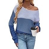 Libsorge Womens Sexy Off The Shoulder Sweater Fall Winter 2025 Trendy Lightweight Cute Crochet Knit Color Block Pullover Top