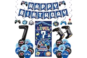 Vlipoeasn Blue 7th Birthday Decorations for Boys, Video Game Level 7 Banner Backdrop Hanging Swirls for 7th Birthday Party, Gamer 7 Years Old Party Supplies