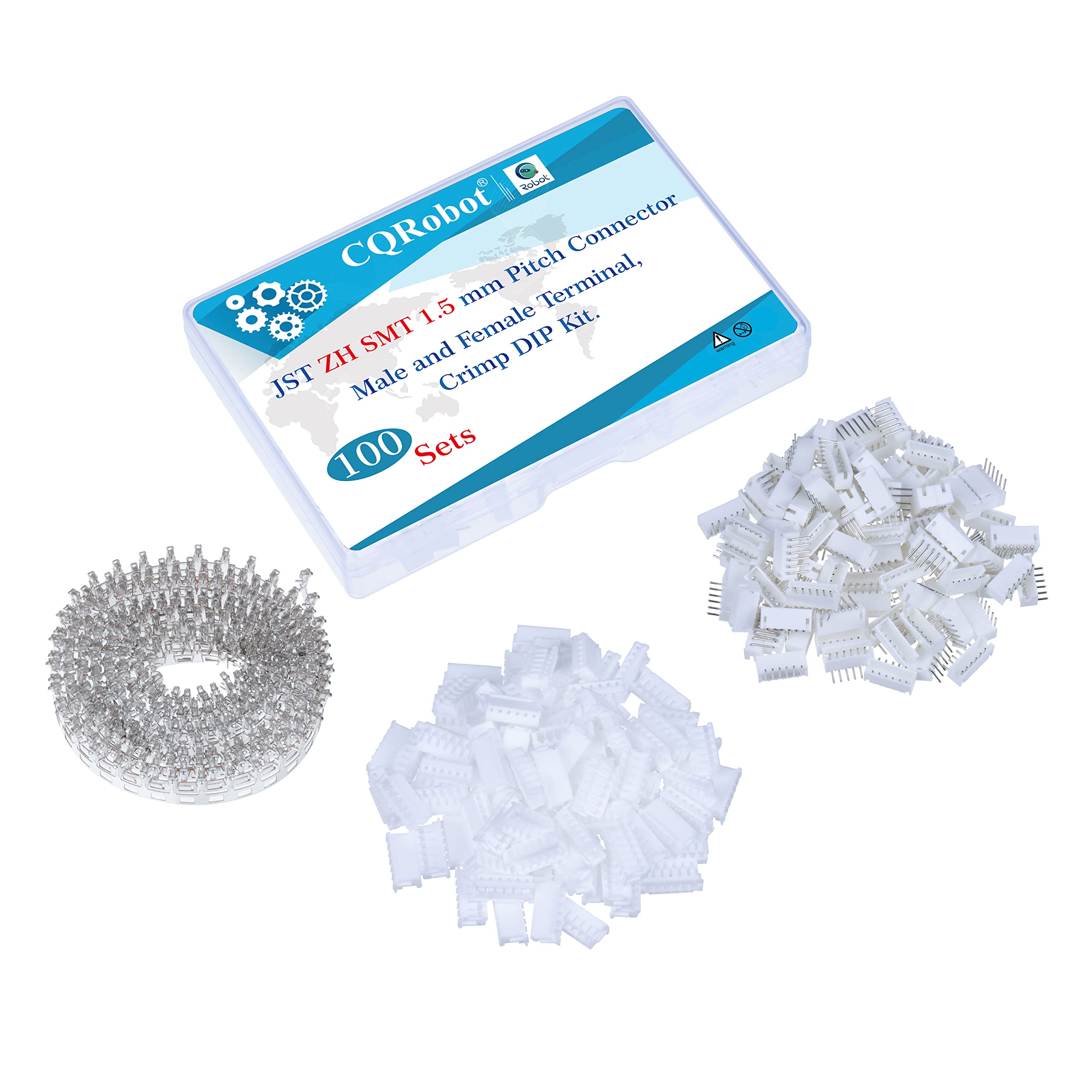 CQRobot JST ZH SMD 1.5 mm Pitch 6-Pin Electronic Computer Connector IC Male Plugs, Female Sockets Housing and T-Shaped Crimp Terminal Kit. 100 Sets/800 Pieces Wire-to-Board Adapter Cable Assembly.