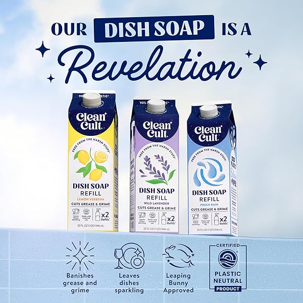 CLEANCULT DISH SOAP LIQUID REFILL (32OZ, 1 PACK) – PLANT BASED CLEANING POWER – DISH SOAP THAT CUTS GREASE & GRIME – FREE OF HARSH CHEMICALS – USES 90% LESS PLASTIC – LEMON VERBENA