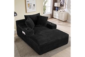 BEQAI 50" W x 68" D Oversized Chaise Lounge Chair Indoor Boneless Reading Chair Plush Corduroy Recliner with Cup Holders Large Deep Seat Comfy Sofa Bed Couch with 3 Pillows for Living Room Bedroom, Black