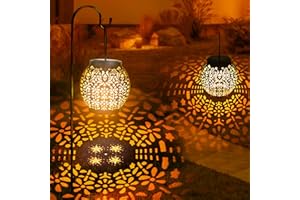 ODEETRONIC 2 Pack Warm White Outdoor Hanging Solar Garden Lanterns with Star Projection, Retro Hollowed-Out LED Lights, Waterproof for Yard Patio Lawn Porch Pathway Garden