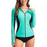 SANTINY Women's Rash Guard Zipper Pockets UPF50+ Sun Protection Long Sleeve Swimsuit Top Zip Front Swim Shirt for Women