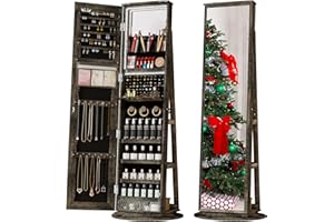 LVSOMT LED Mirror Jewelry Cabinet Standing, 360° Swivel Jewelry Organizers and Storage, Farmhouse Mirror with Jewelry Storage, Lighted Jewelry Armoire with Full Length Mirror (Vintage Bronze)