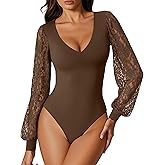 Avidlove Womens Long Sleeve Bodysuit Double Lined V Neck Lace Puff Sleeves Going Out Top Shirts Thong Leotard Body Suit
