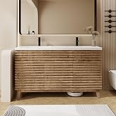 eclife 60" Bathroom Vanity with Sink Combo, Mid-Century Freestanding Cabinet with Wood Stripes Decor, Adjustable Shelf, Undermount White Dual Sink Faucet Drain, Light Walnut